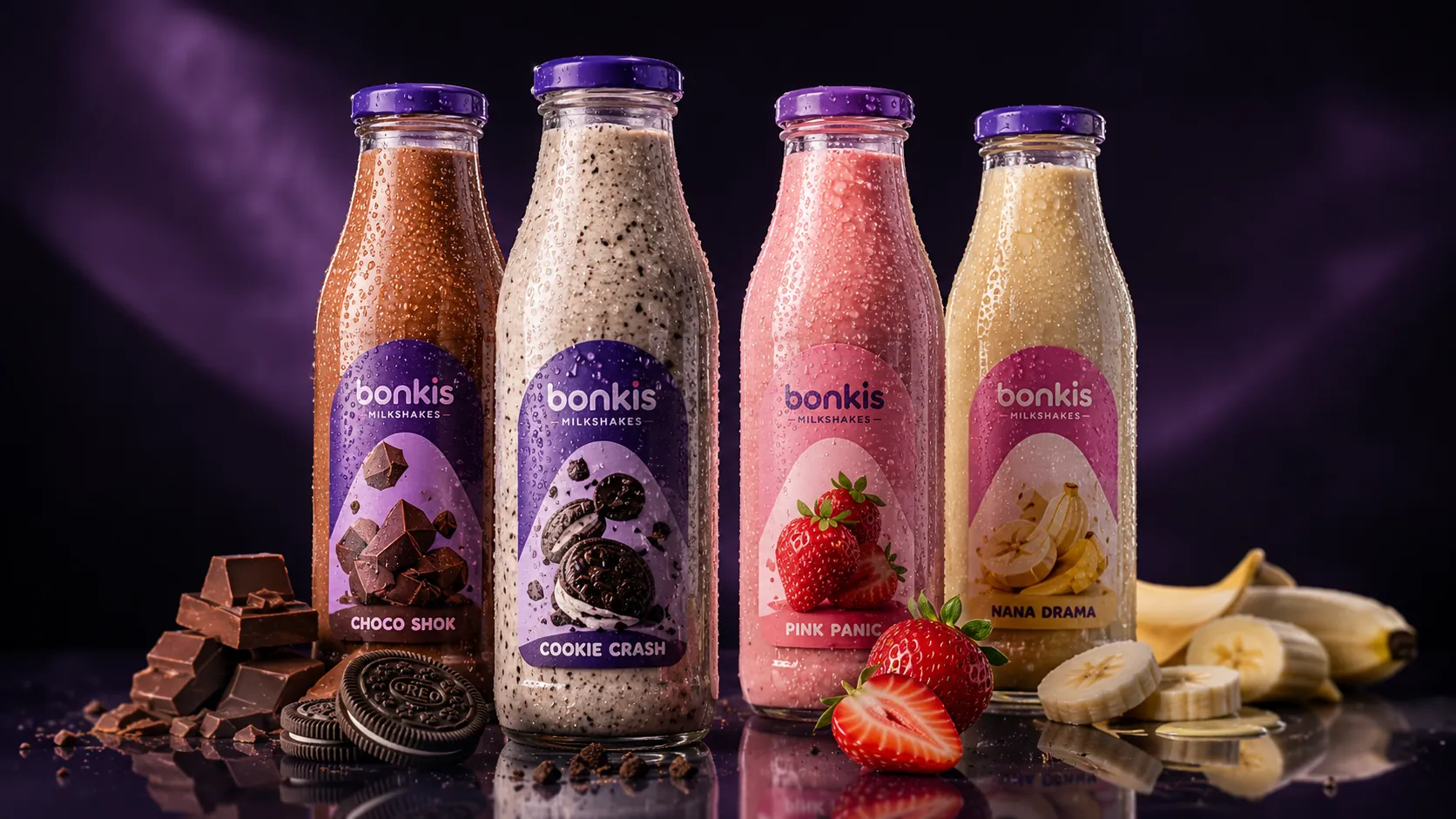 The Bonkis line-up: Choco Shok, Cookie Crash, Pink Panic and Nana Drama in glass bottles